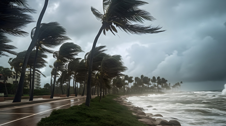 狂风暴雨中的海洋和摇曳的棕榈树摄影图