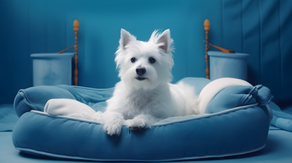 白色床上的蓝色狗摄影图片