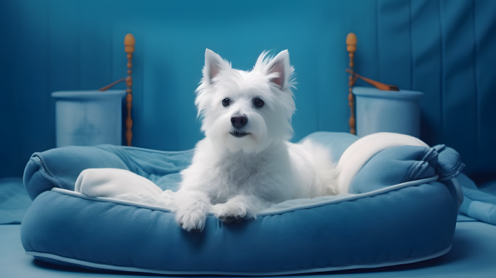 白色床上的蓝色狗摄影版权图片下载