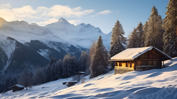 法式乡村风格的雪山小屋摄影图片