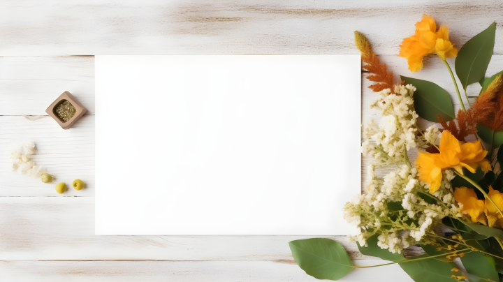 婚礼请柬与白木背景上的花朵摄影版权图片下载