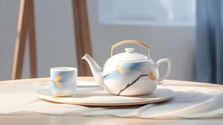 日式风格淡金白茶壶摄影图片