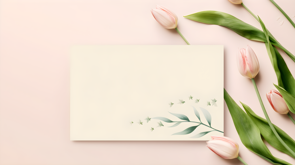 信封与郁金香在米色背景上的摄影图