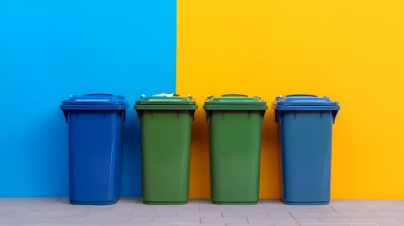 四个个不同颜色的垃圾桶摄影图片