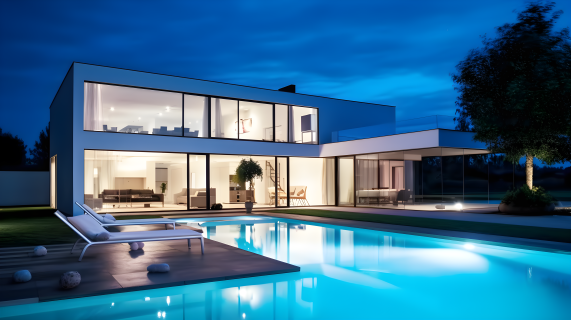 现代游泳池和住宅的透明与不透明风格的3D渲染摄影图片