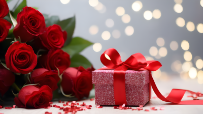 浪漫红白玫瑰花束礼盒桌面摄影图片