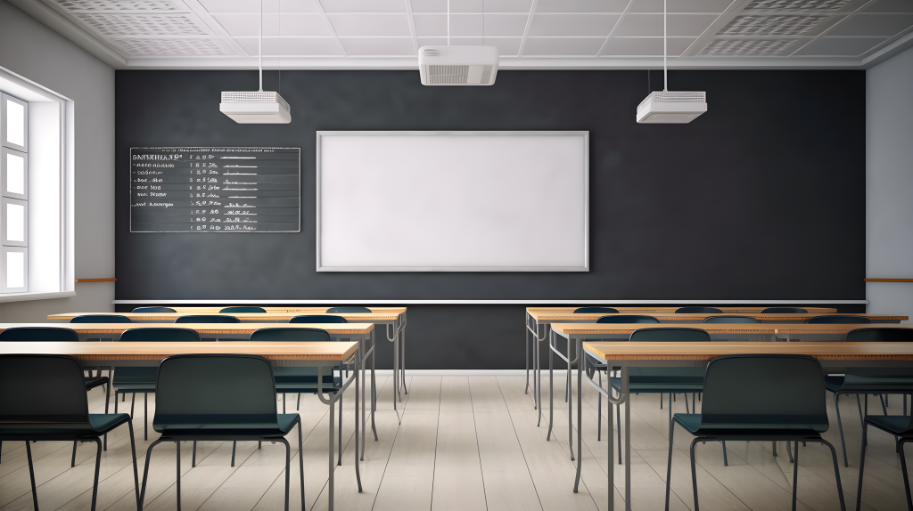 简约白桌黑板空教室摄影版权图片下载