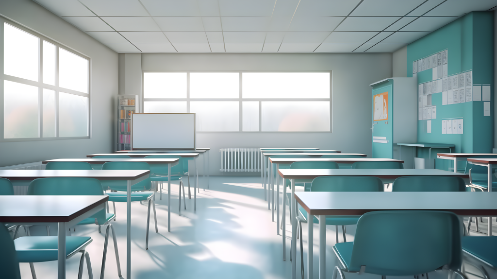 清新淡蓝色的教室摄影图片