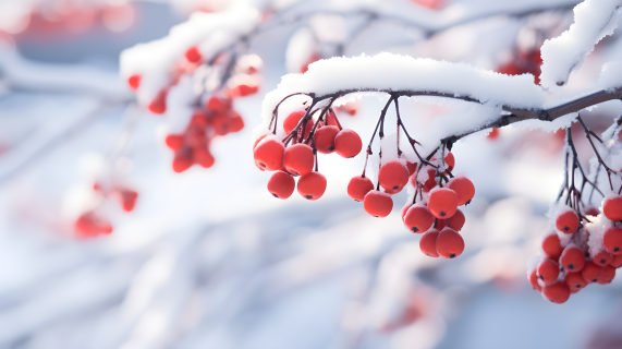 雪中红浆果枝上的梦幻柔美摄影图