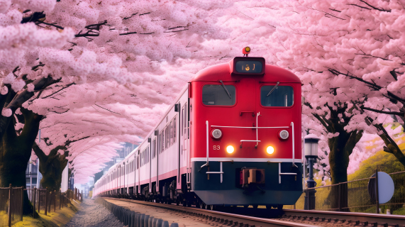 火车穿越粉色樱花树摄影图片