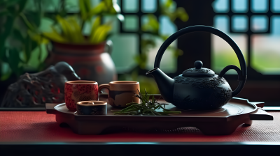 宁静光景：黑茶套装与新鲜绿茶摄影图片