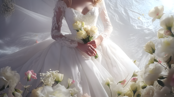 白色新娘礼服的花朵摄影版权图片下载
