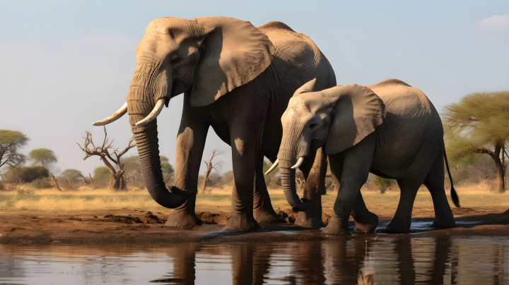 非洲草原上的两只大象在水坑边相遇摄影版权图片下载