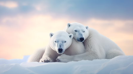 雪地浪漫两只北极熊躺在白雪中的摄影图片
