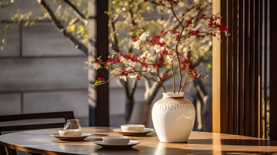 传统艺术风格的白色餐桌与花瓶摄影图片