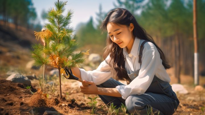 阳光明媚的田野中一位女子正在植树逼真风格摄影版权图片下载