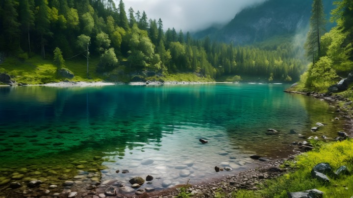 原始森林绿色湖泊的自然风光摄影版权图片下载