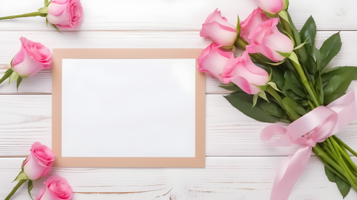 白色木质背景上的粉色玫瑰花摄影版权图片下载