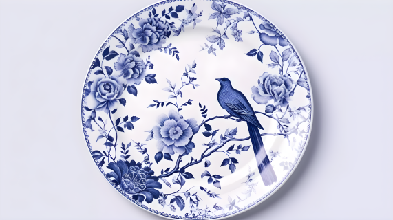 蓝白瓷盘鸟类摄影图片