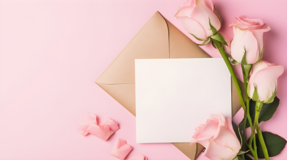 粉色康乃馨白纸贺卡和信封摄影图