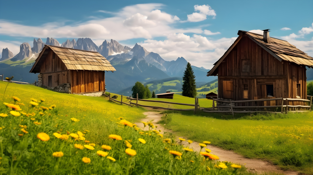 山间两座乡村木屋与向日葵摄影版权图片下载