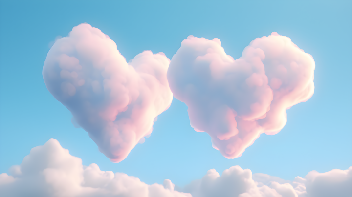 天空中两朵心形云的摄影版权图片下载