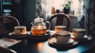 复古风格桌面上的茶壶摄影图片