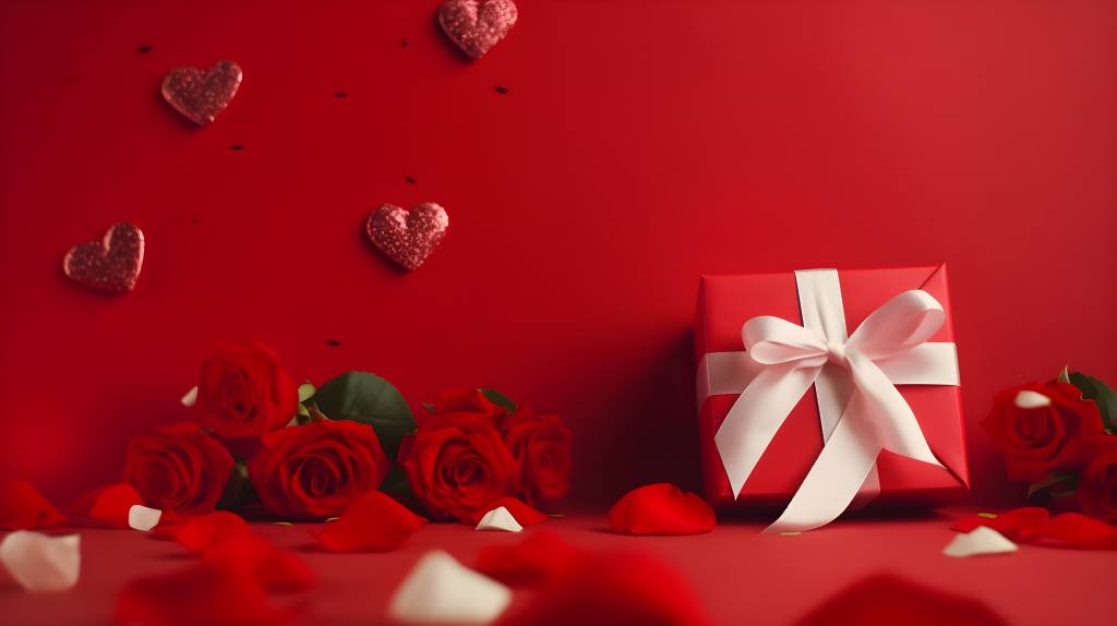 玫瑰花心丝带红色桌面摄影版权图片下载