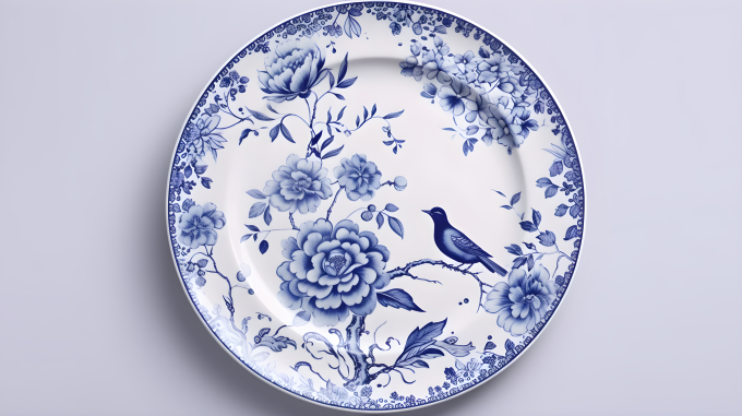 白描花鸟瓷盘摄影图片