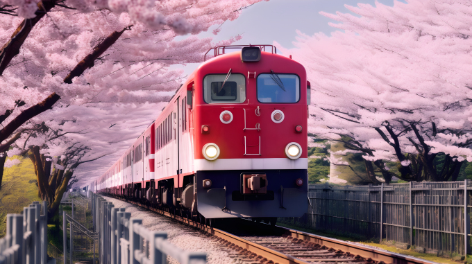 红色列车穿越红白樱花树摄影图片