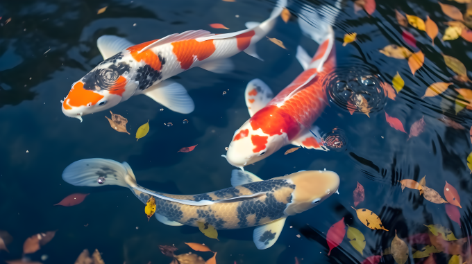 逼真多色锦鲤在清澈水中游动的摄影图片