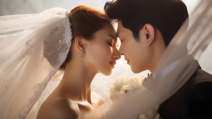 亚洲新娘和新郎婚礼面纱下的亲吻摄影版权图片下载