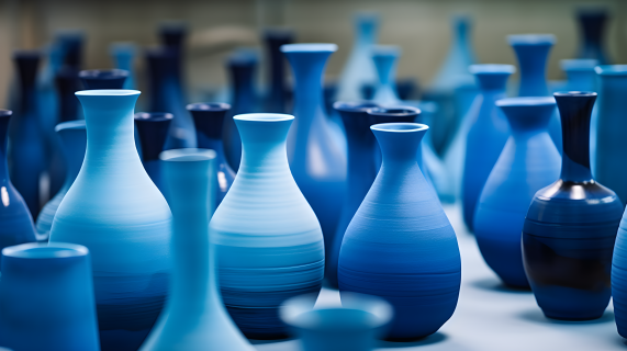 蓝色花瓶排列的表现性点画风格的摄影图片
