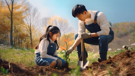 阳光田野中父女种植树木摄影图片