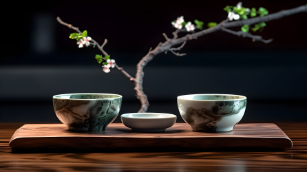 古风飘逸的元代魅力：木盘上的三只茶杯摄影图片