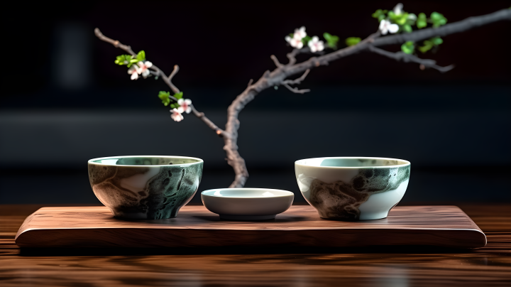 古风飘逸的元代魅力：木盘上的三只茶杯摄影版权图片下载