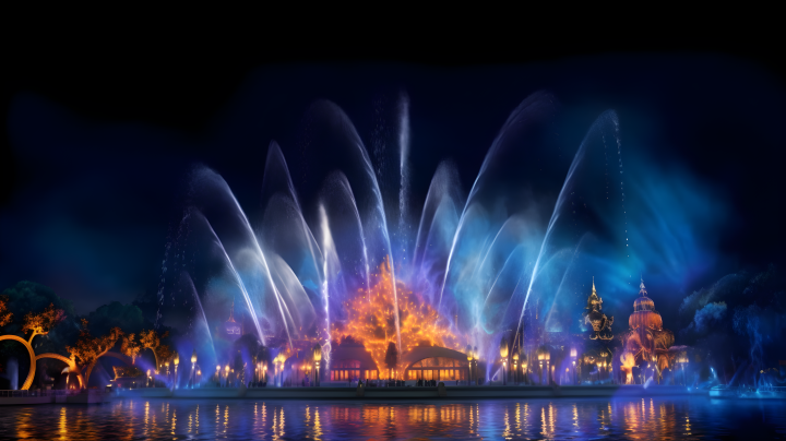 迪士尼风格夜晚彩灯喷泉摄影版权图片下载