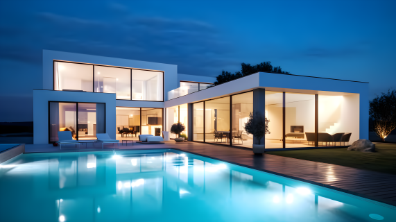 透明风格的游泳池和住宅摄影图片