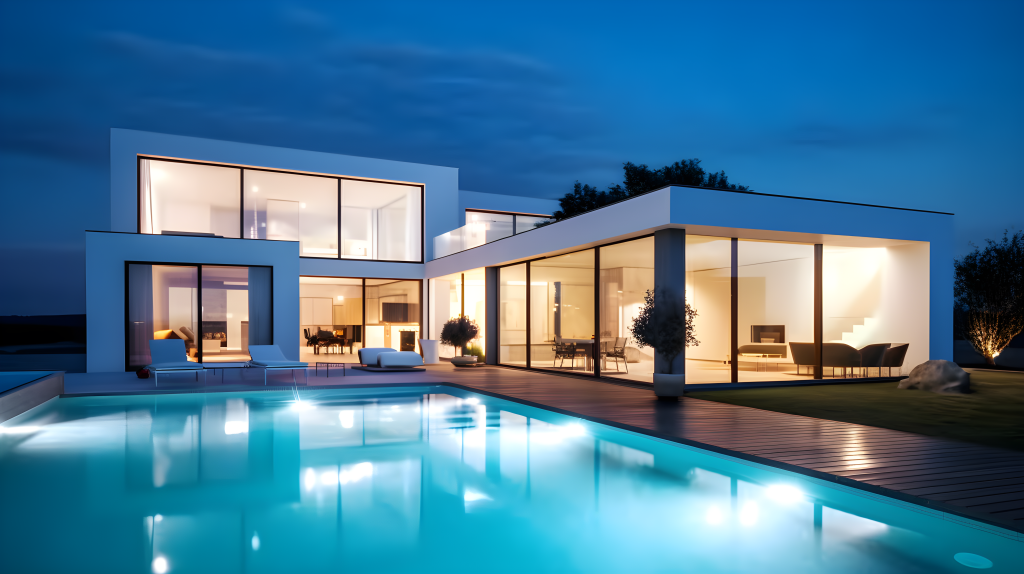透明风格的游泳池和住宅摄影图片