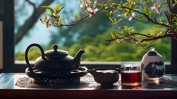 静谧山水景观茶具摄影图片