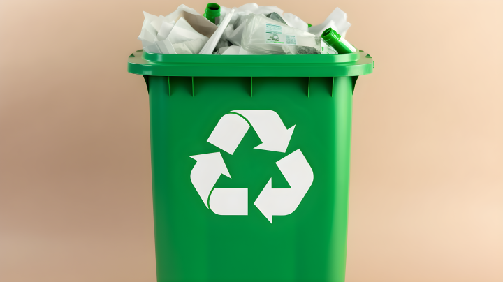 绿色回收标志的白色垃圾桶摄影版权图片下载