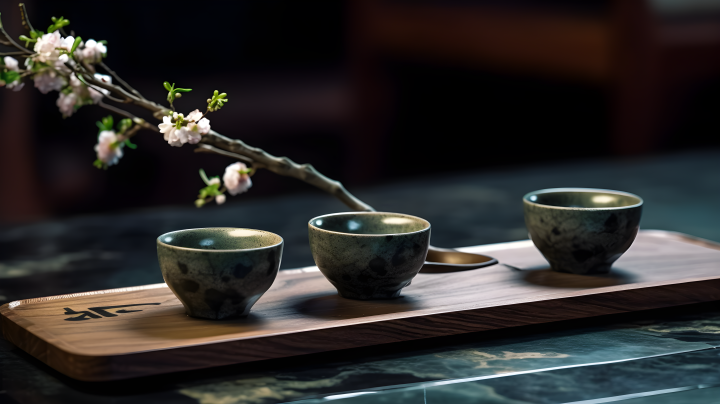 元朝风格的大理石托盘上的三只茶杯和樱花摄影图版权图片下载