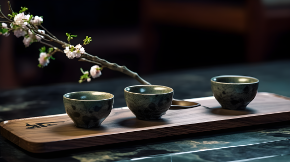 元朝风格的大理石托盘上的三只茶杯和樱花摄影图