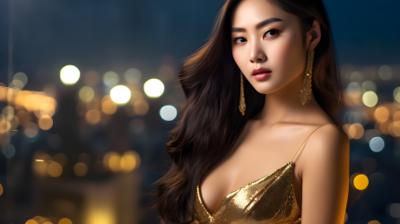 夜晚城市背景下的亚洲女性穿着金色裙子的摄影图片