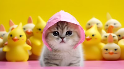 可爱小猫与橡胶鸭摄影图片
