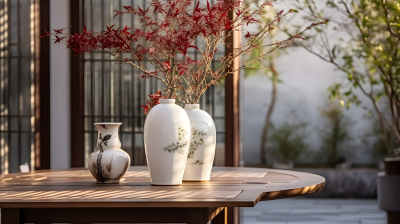 传统中国艺术风格下的美丽白色餐桌与花瓶摄影图片