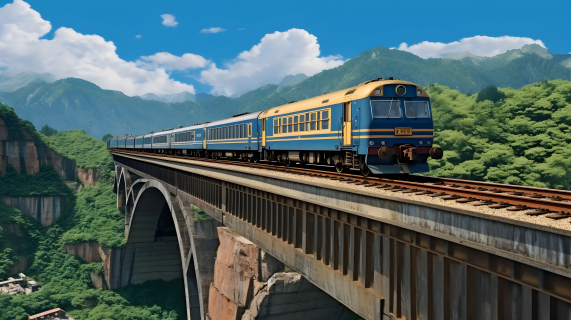 山区天蓝黄色系下的火车在桥上穿行 摄影图片