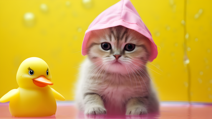 可爱小猫与橡皮鸭的摄影版权图片下载