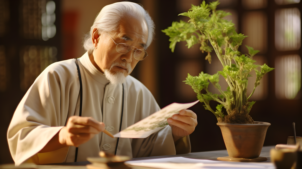 老人手持植物的摄影图片