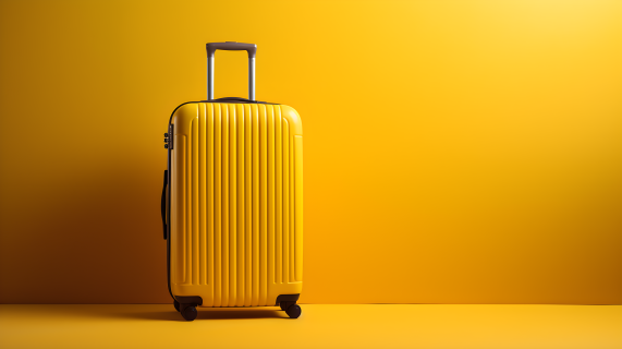 黄色行李箱在黄色背景中的摄影图片